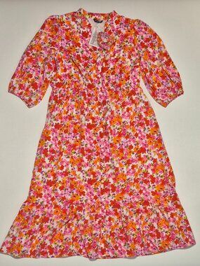 NWT Mascomoda Women Plus Size XXL Dress Floral Pink Orange Yellow Boho Button Up